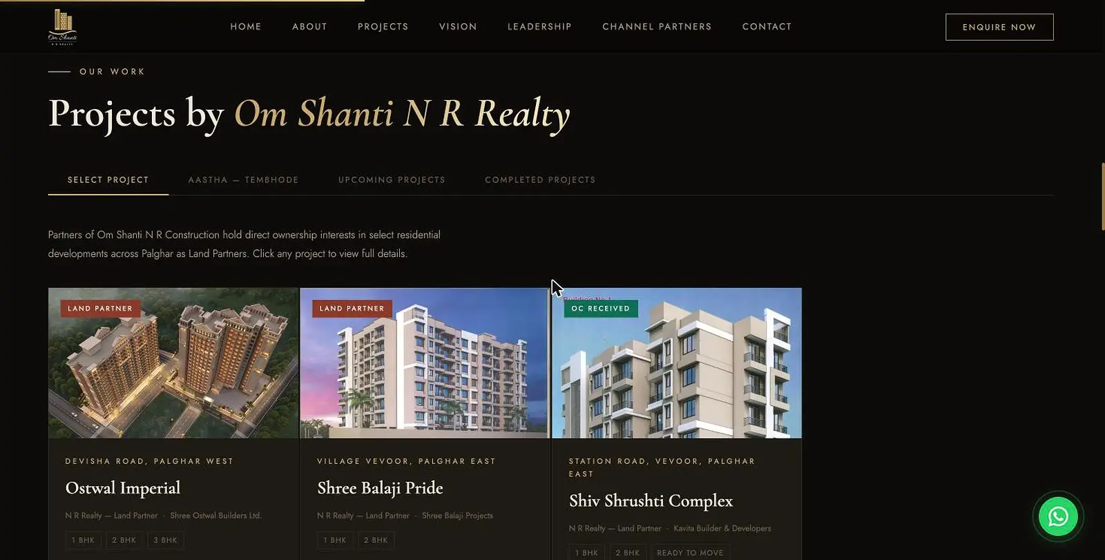 Om Shanti N R Realty projects page, showing live developments with their land-partner status