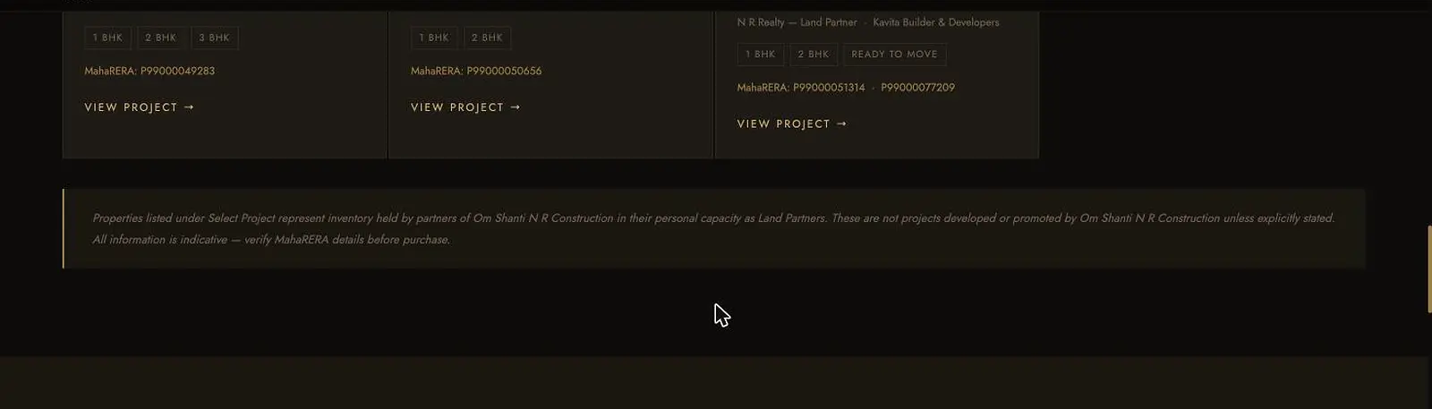 MahaRERA registration numbers published on the Om Shanti N R Realty site